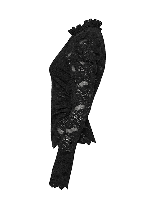 Black Elegant Ruffled Stand Collar Exquisite Lace Stitching Gothic Style Slim Long Sleeves Top