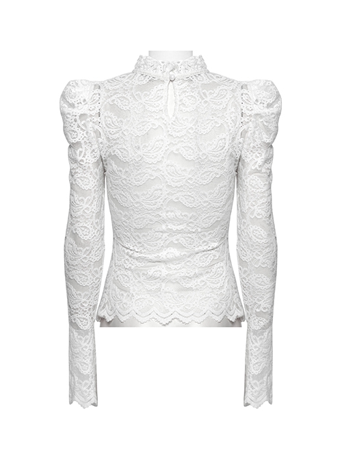 White Elegant Ruffled Stand Collar Exquisite Lace Stitching Gothic Style Slim Long Sleevess Top