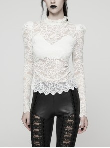 White Elegant Ruffled Stand Collar Exquisite Lace Stitching Gothic Style Slim Long Sleevess Top