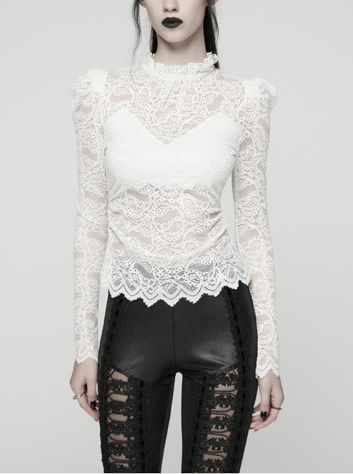 White Elegant Ruffled Stand Collar Exquisite Lace Stitching Gothic Style Slim Long Sleevess Top