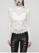White Elegant Ruffled Stand Collar Exquisite Lace Stitching Gothic Style Slim Long Sleevess Top