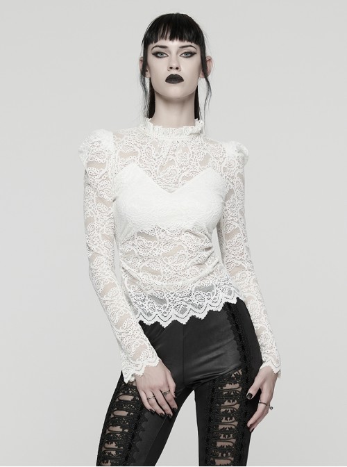 White Elegant Ruffled Stand Collar Exquisite Lace Stitching Gothic Style Slim Long Sleevess Top
