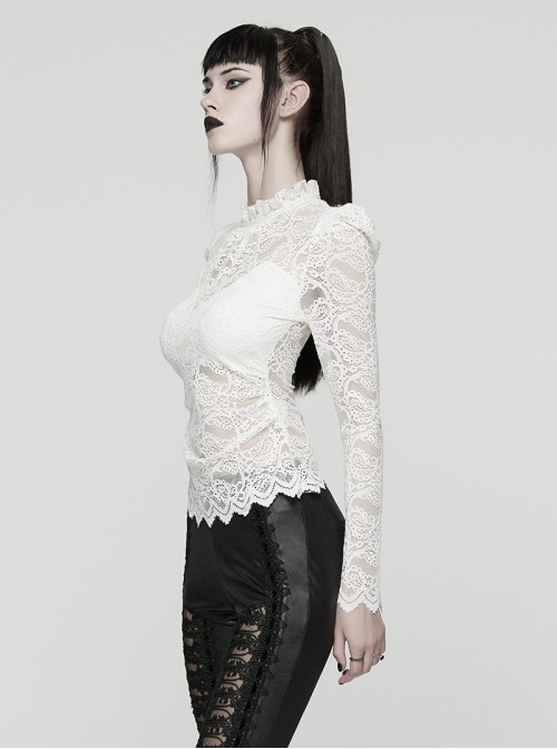White Elegant Ruffled Stand Collar Exquisite Lace Stitching Gothic Style Slim Long Sleevess Top