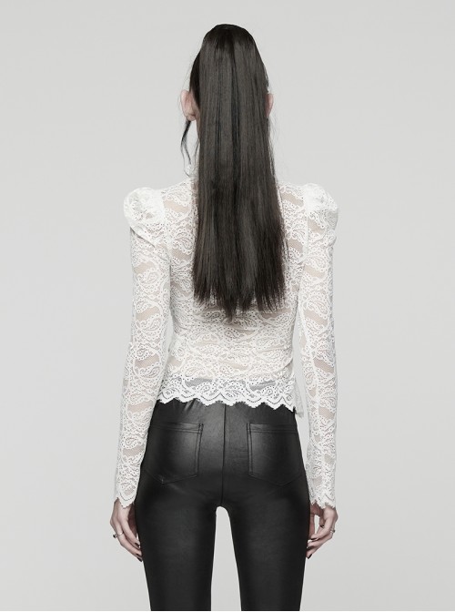White Elegant Ruffled Stand Collar Exquisite Lace Stitching Gothic Style Slim Long Sleevess Top