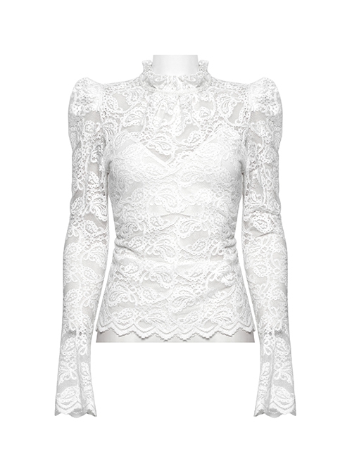 White Elegant Ruffled Stand Collar Exquisite Lace Stitching Gothic Style Slim Long Sleevess Top