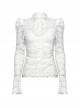 White Elegant Ruffled Stand Collar Exquisite Lace Stitching Gothic Style Slim Long Sleevess Top
