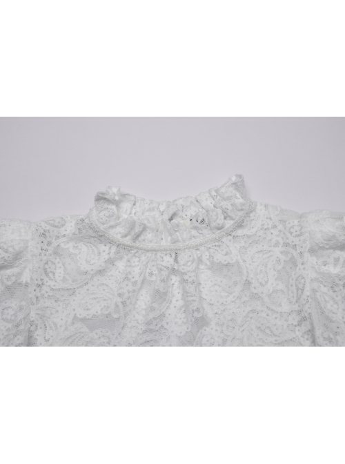 White Elegant Ruffled Stand Collar Exquisite Lace Stitching Gothic Style Slim Long Sleevess Top