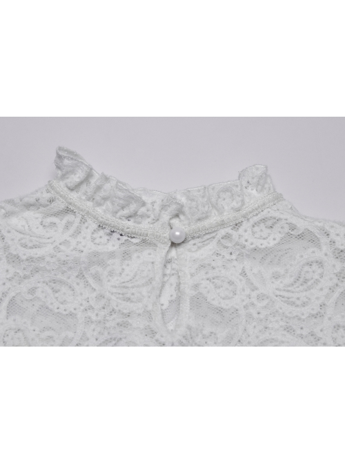 White Elegant Ruffled Stand Collar Exquisite Lace Stitching Gothic Style Slim Long Sleevess Top