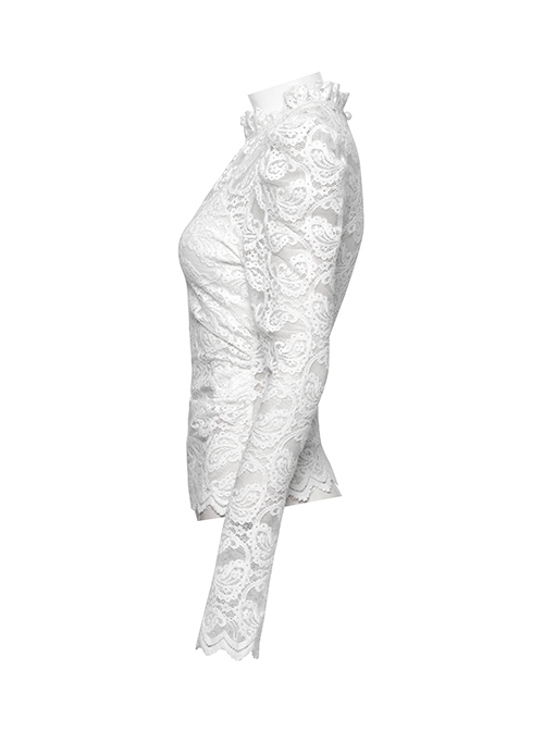White Elegant Ruffled Stand Collar Exquisite Lace Stitching Gothic Style Slim Long Sleevess Top