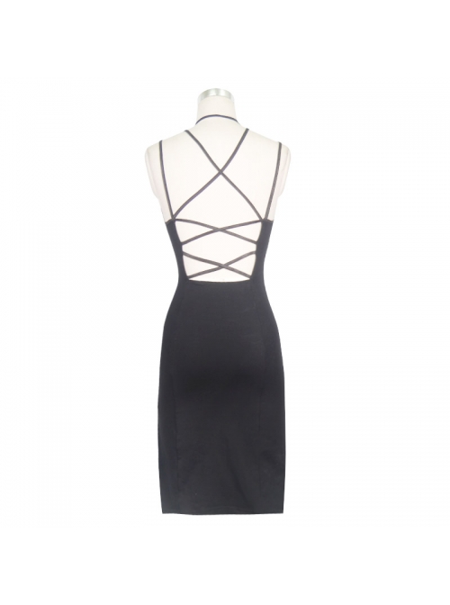 Imitation Leather Straps Backless Lace-Up Black Tight Punk Knitted Dress