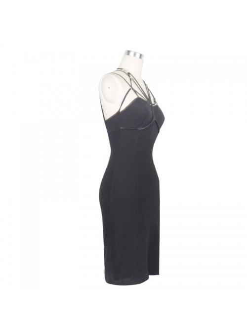 Imitation Leather Straps Backless Lace-Up Black Tight Punk Knitted Dress