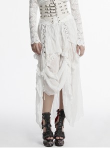 White Chiffon Asymmetric Lace Mesh Splicing Cross Strap Design Gothic Style Daily Versatile Skirt