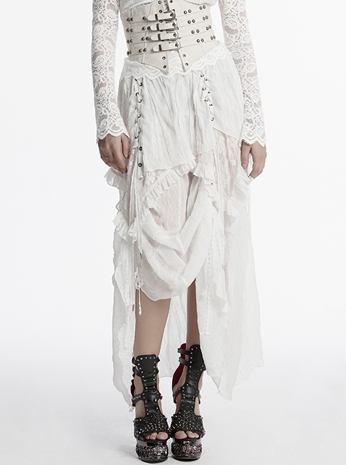 White Chiffon Asymmetric Lace Mesh Splicing Cross Strap Design Gothic Style Daily Versatile Skirt