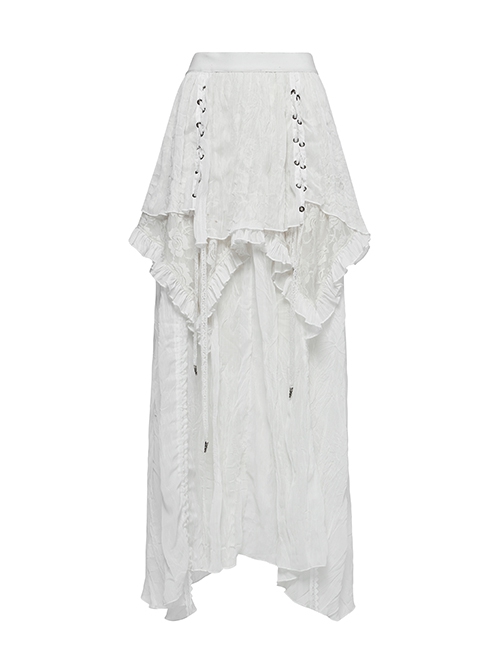 White Chiffon Asymmetric Lace Mesh Splicing Cross Strap Design Gothic Style Daily Versatile Skirt