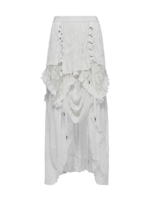 White Chiffon Asymmetric Lace Mesh Splicing Cross Strap Design Gothic Style Daily Versatile Skirt