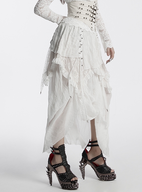 White Chiffon Asymmetric Lace Mesh Splicing Cross Strap Design Gothic Style Daily Versatile Skirt