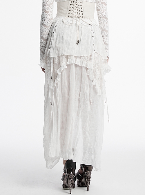 White Chiffon Asymmetric Lace Mesh Splicing Cross Strap Design Gothic Style Daily Versatile Skirt