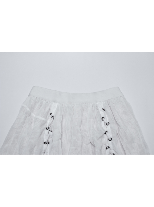 White Chiffon Asymmetric Lace Mesh Splicing Cross Strap Design Gothic Style Daily Versatile Skirt