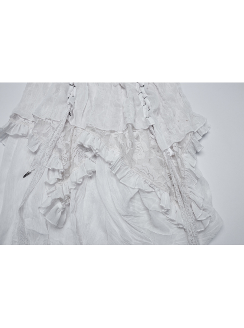 White Chiffon Asymmetric Lace Mesh Splicing Cross Strap Design Gothic Style Daily Versatile Skirt