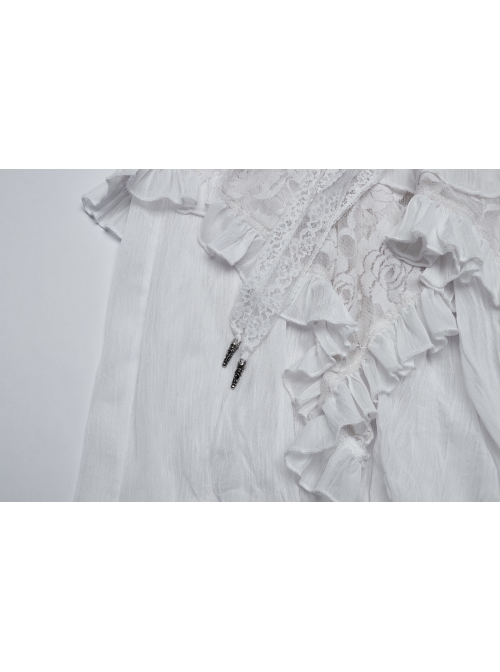 White Chiffon Asymmetric Lace Mesh Splicing Cross Strap Design Gothic Style Daily Versatile Skirt