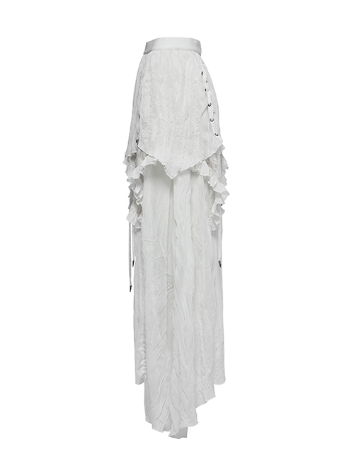 White Chiffon Asymmetric Lace Mesh Splicing Cross Strap Design Gothic Style Daily Versatile Skirt