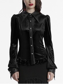 Retro Elegant Black Velvet Unique Bat Collar Exquisite Ruffle Hem Gothic Style Long Sleeves Slim Shirt