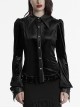 Retro Elegant Black Velvet Unique Bat Collar Exquisite Ruffle Hem Gothic Style Long Sleeves Slim Shirt