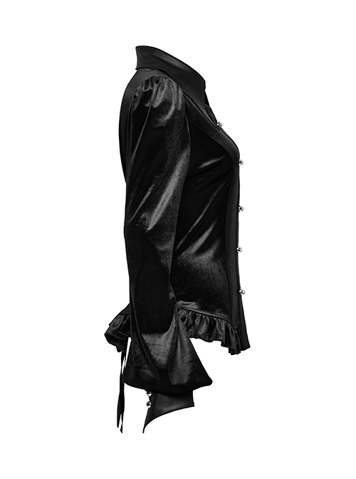 Retro Elegant Black Velvet Unique Bat Collar Exquisite Ruffle Hem Gothic Style Long Sleeves Slim Shirt