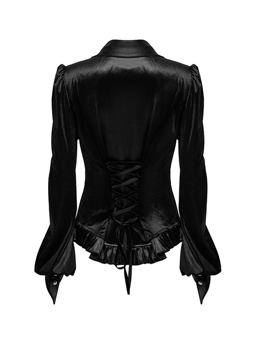 Retro Elegant Black Velvet Unique Bat Collar Exquisite Ruffle Hem Gothic Style Long Sleeves Slim Shirt