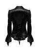 Retro Elegant Black Velvet Unique Bat Collar Exquisite Ruffle Hem Gothic Style Long Sleeves Slim Shirt