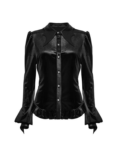 Retro Elegant Black Velvet Unique Bat Collar Exquisite Ruffle Hem Gothic Style Long Sleeves Slim Shirt