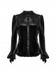 Retro Elegant Black Velvet Unique Bat Collar Exquisite Ruffle Hem Gothic Style Long Sleeves Slim Shirt