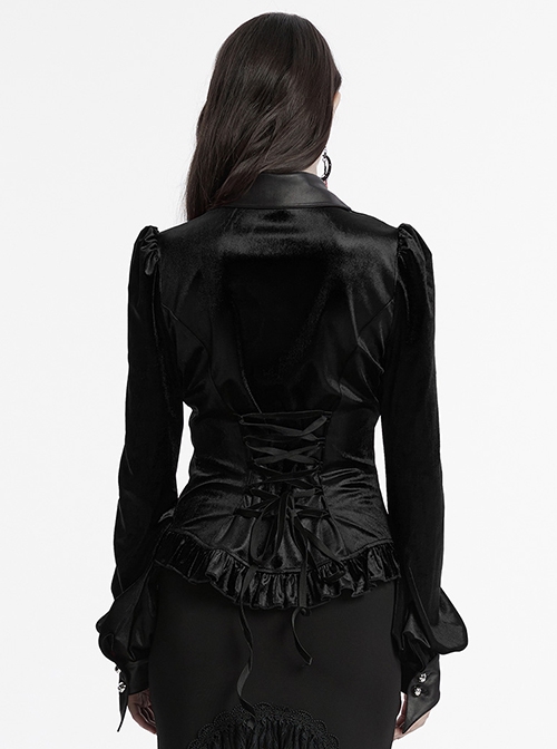 Retro Elegant Black Velvet Unique Bat Collar Exquisite Ruffle Hem Gothic Style Long Sleeves Slim Shirt