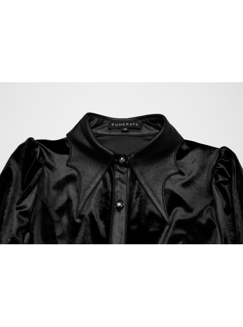 Retro Elegant Black Velvet Unique Bat Collar Exquisite Ruffle Hem Gothic Style Long Sleeves Slim Shirt