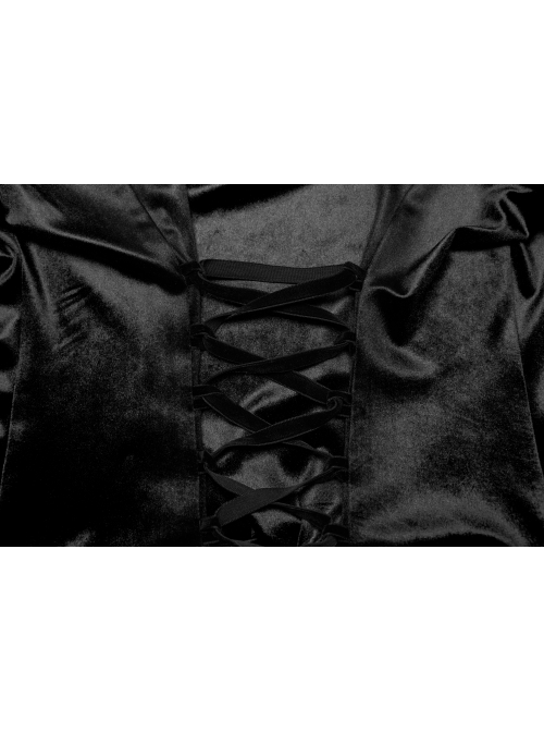 Retro Elegant Black Velvet Unique Bat Collar Exquisite Ruffle Hem Gothic Style Long Sleeves Slim Shirt