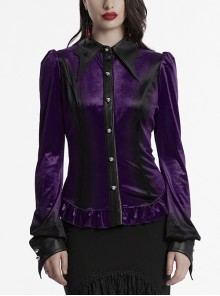 Vintage Purple Luxurious Velvet Exquisite Bat Collar Ruffled Hem Gothic Style Long Sleeves Slim Shirt