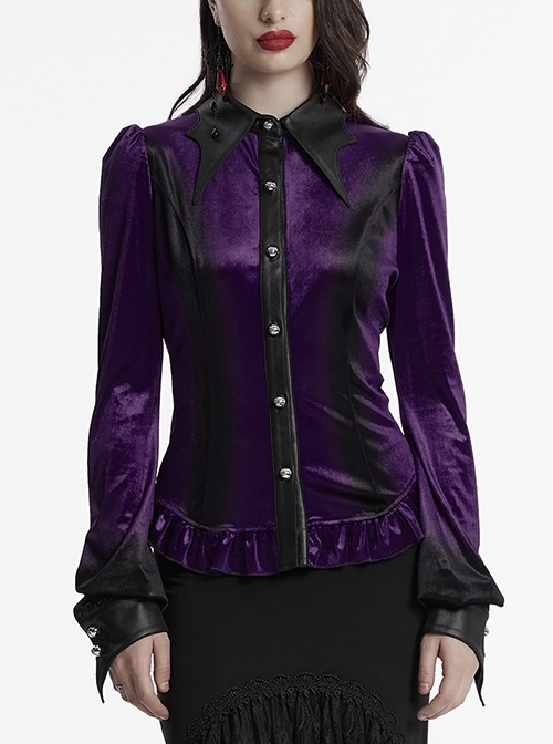 Vintage Purple Luxurious Velvet Exquisite Bat Collar Ruffled Hem Gothic Style Long Sleeves Slim Shirt