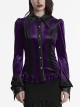 Vintage Purple Luxurious Velvet Exquisite Bat Collar Ruffled Hem Gothic Style Long Sleeves Slim Shirt