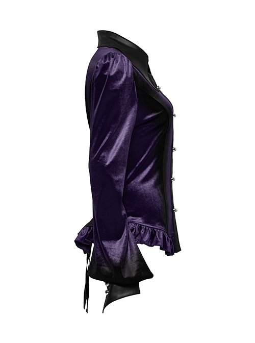 Vintage Purple Luxurious Velvet Exquisite Bat Collar Ruffled Hem Gothic Style Long Sleeves Slim Shirt