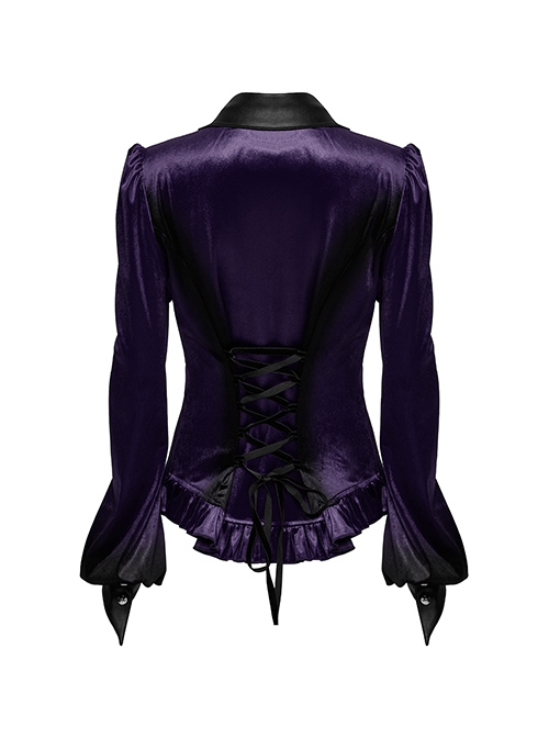 Vintage Purple Luxurious Velvet Exquisite Bat Collar Ruffled Hem Gothic Style Long Sleeves Slim Shirt