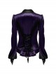 Vintage Purple Luxurious Velvet Exquisite Bat Collar Ruffled Hem Gothic Style Long Sleeves Slim Shirt