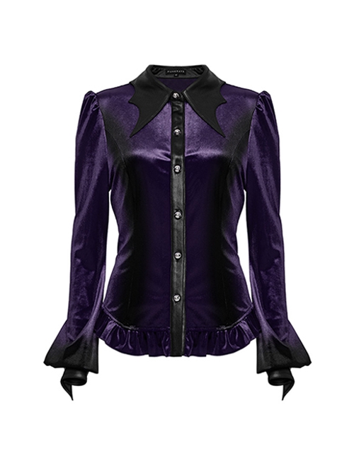 Vintage Purple Luxurious Velvet Exquisite Bat Collar Ruffled Hem Gothic Style Long Sleeves Slim Shirt