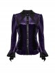 Vintage Purple Luxurious Velvet Exquisite Bat Collar Ruffled Hem Gothic Style Long Sleeves Slim Shirt