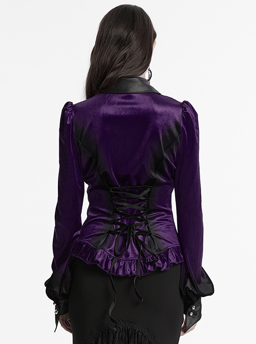 Vintage Purple Luxurious Velvet Exquisite Bat Collar Ruffled Hem Gothic Style Long Sleeves Slim Shirt
