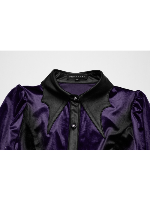Vintage Purple Luxurious Velvet Exquisite Bat Collar Ruffled Hem Gothic Style Long Sleeves Slim Shirt