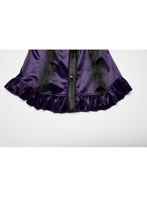 Vintage Purple Luxurious Velvet Exquisite Bat Collar Ruffled Hem Gothic Style Long Sleeves Slim Shirt