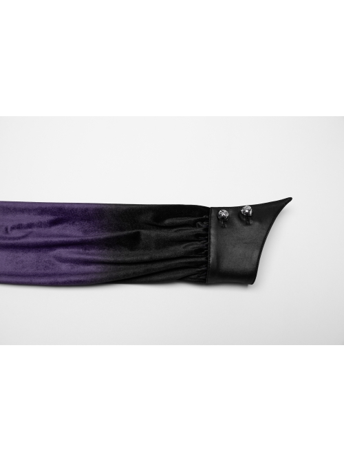Vintage Purple Luxurious Velvet Exquisite Bat Collar Ruffled Hem Gothic Style Long Sleeves Slim Shirt