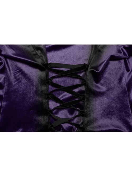 Vintage Purple Luxurious Velvet Exquisite Bat Collar Ruffled Hem Gothic Style Long Sleeves Slim Shirt