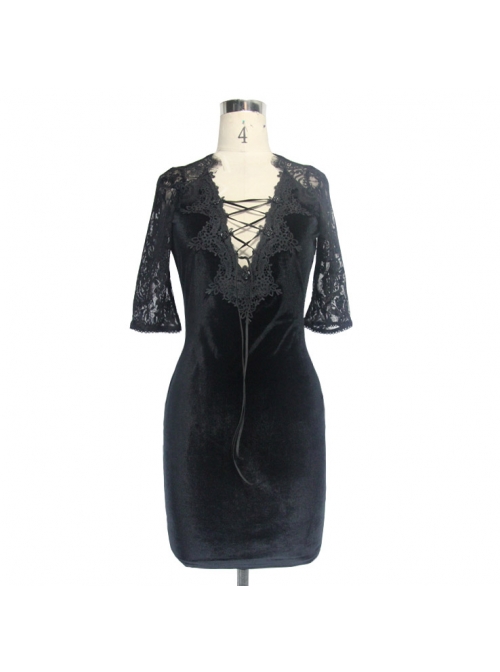 Deep V Neckline Lace-Up Hip Stitched Frilly Rose Mesh Black Gothic Velvet Dress