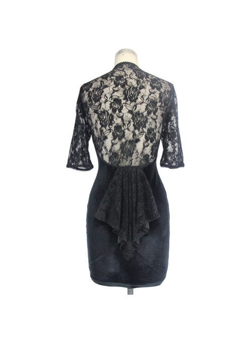 Deep V Neckline Lace-Up Hip Stitched Frilly Rose Mesh Black Gothic Velvet Dress